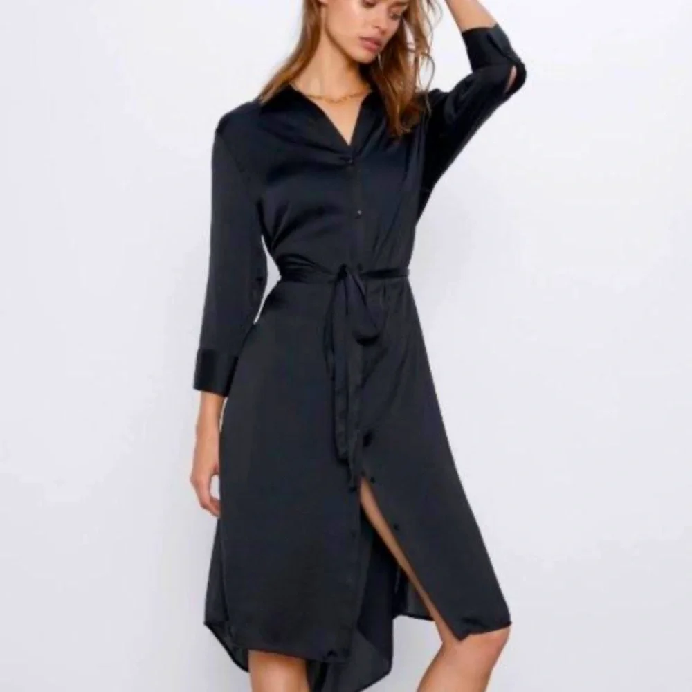 ZARA Satin Effect Black Shirt‎ Midi Dress size XS